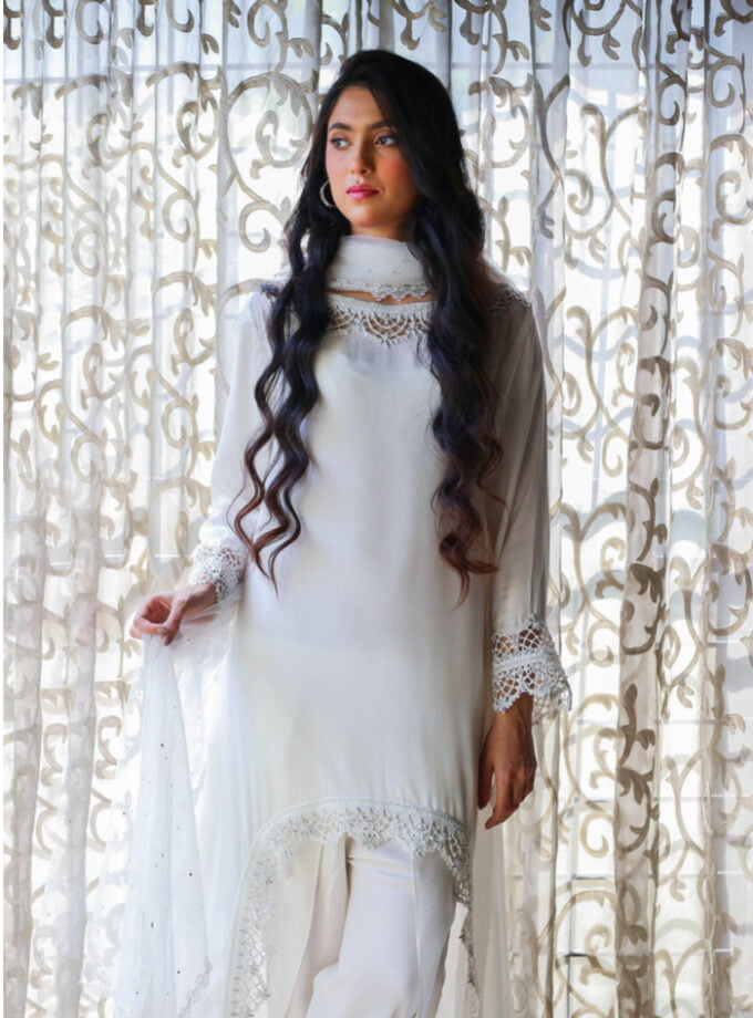 White Silk Asymmetrical Kameez