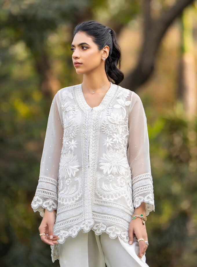 White Organza Short Jacket Style Shirt