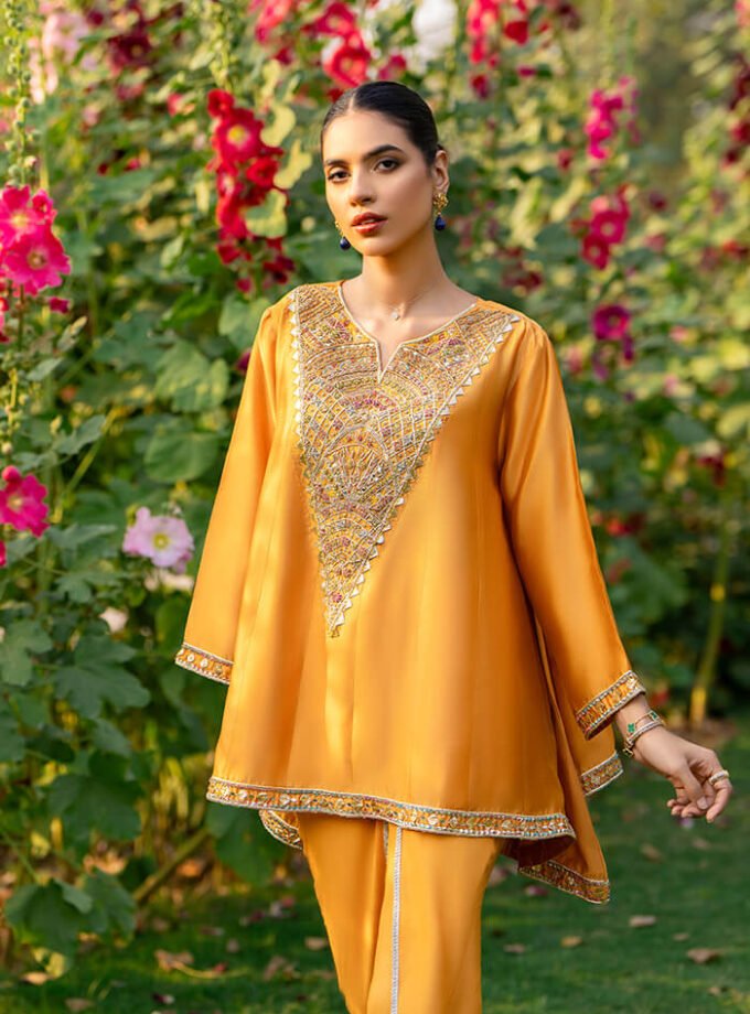 Tangerine Organza Silk Short Flared Shirt