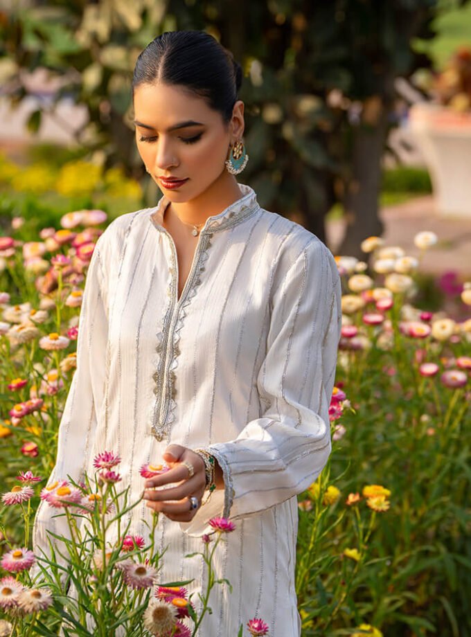 Long White Kurta with Embellished Lines