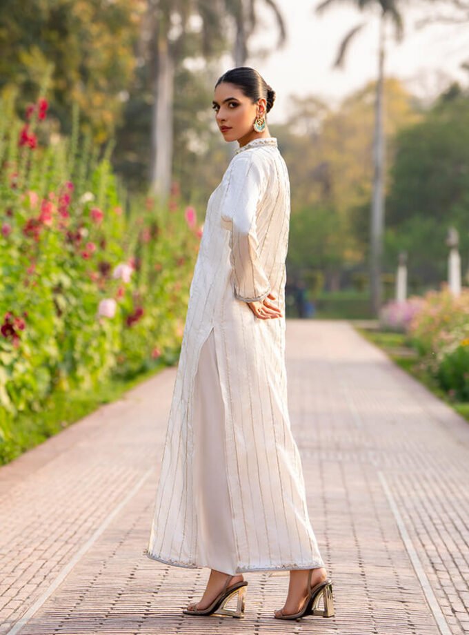 Long White Kurta with Embellished Lines