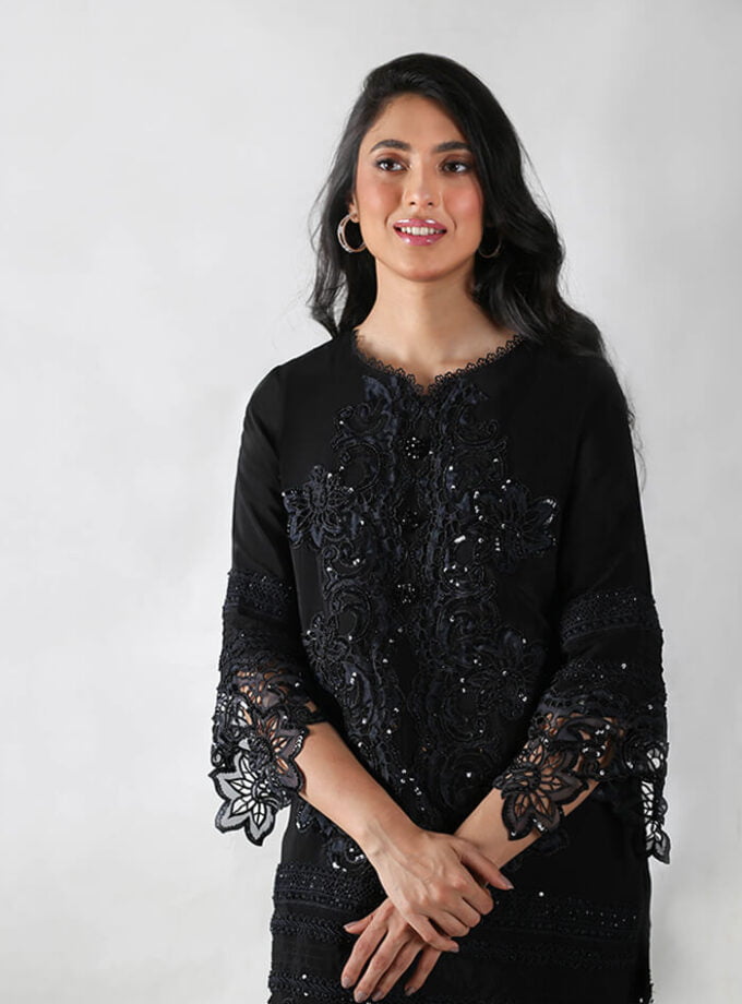 Black Embellished Shirt with Cut Worked Organza