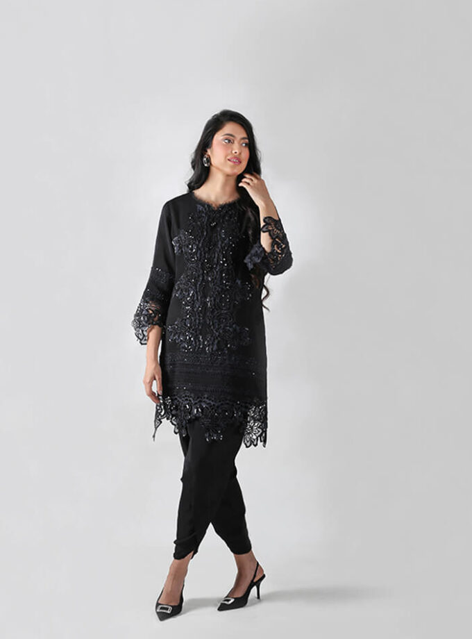 Black Embellished Shirt with Cut Worked Organza